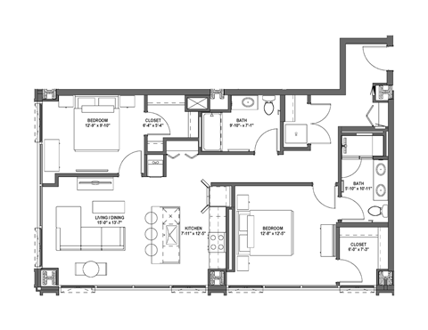 Floor plan for 2 beds, 2 baths, 1139 sqft
